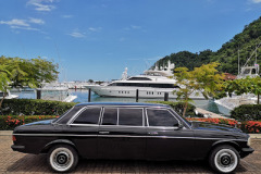 LOS SUENOS MARINA COSTA RIC. BIG YACHT AND MERCEDES LIMOUSINE.